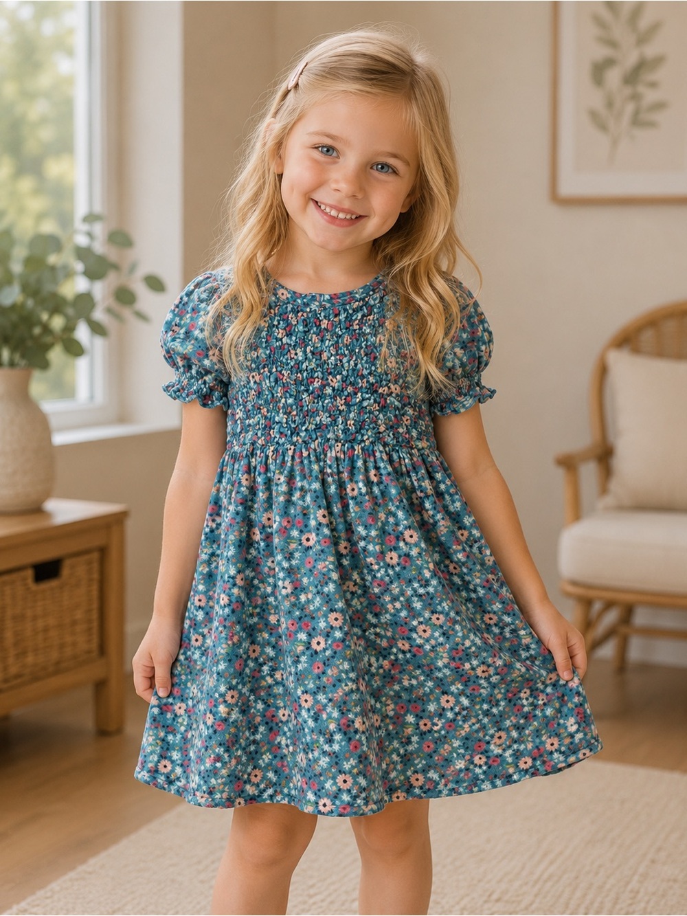 Girls Teal Floral Smocked Casual Dress